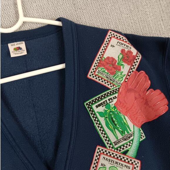 Fruit of the Loom Vintage Sweatshirt Cardigan OSFA Navy Blue Patched Garden Boho - Picture 5 of 13